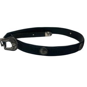 Western Floral Tooled Black Genuine Leather Silver  Concho Belt Cowgirl Rustic